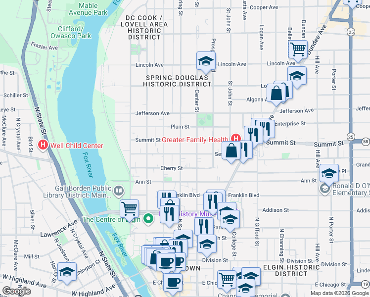 map of restaurants, bars, coffee shops, grocery stores, and more near 190 Summit Street in Elgin