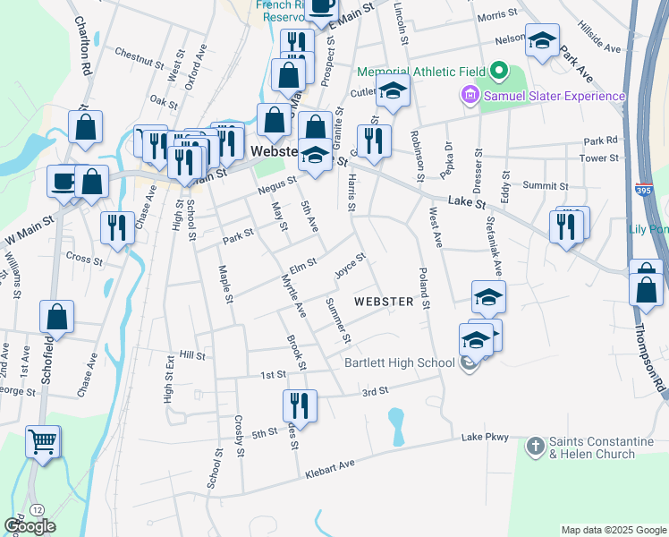 map of restaurants, bars, coffee shops, grocery stores, and more near 49 Elm Street in Webster
