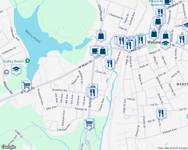 map of restaurants, bars, coffee shops, grocery stores, and more near 9 Schofield Avenue in Dudley