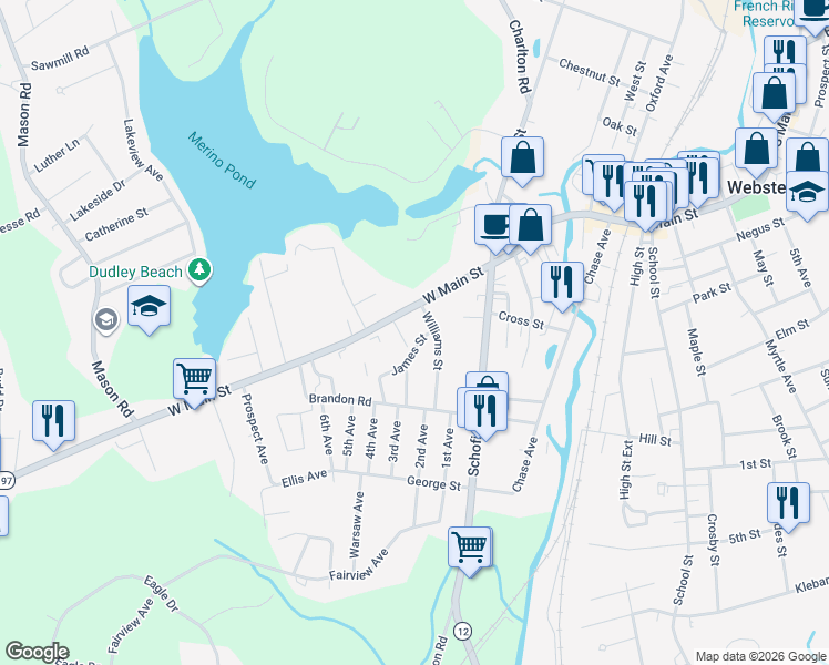 map of restaurants, bars, coffee shops, grocery stores, and more near 61 West Main Street in Dudley