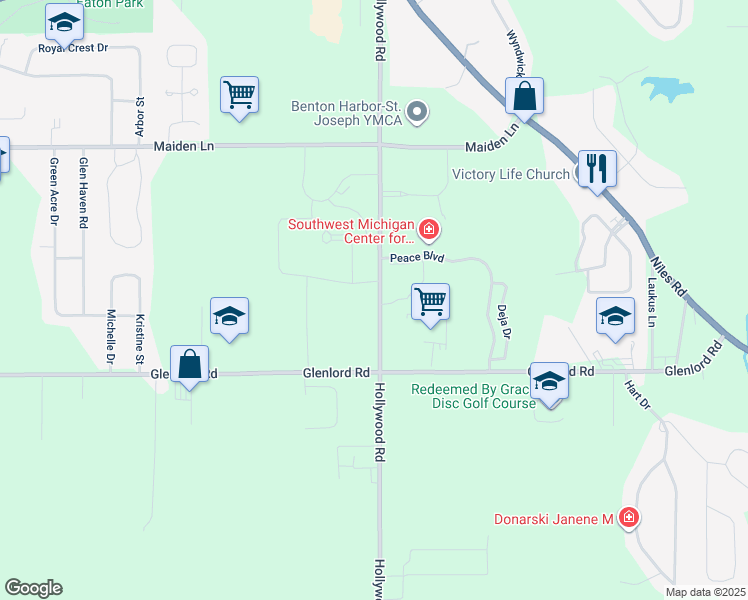 map of restaurants, bars, coffee shops, grocery stores, and more near 2 Hollywood Road in St. Joseph