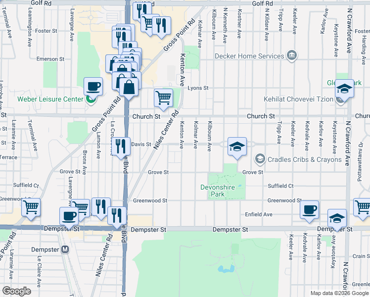map of restaurants, bars, coffee shops, grocery stores, and more near 4608 Davis Street in Skokie