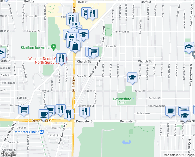 map of restaurants, bars, coffee shops, grocery stores, and more near 4608 Davis Street in Skokie