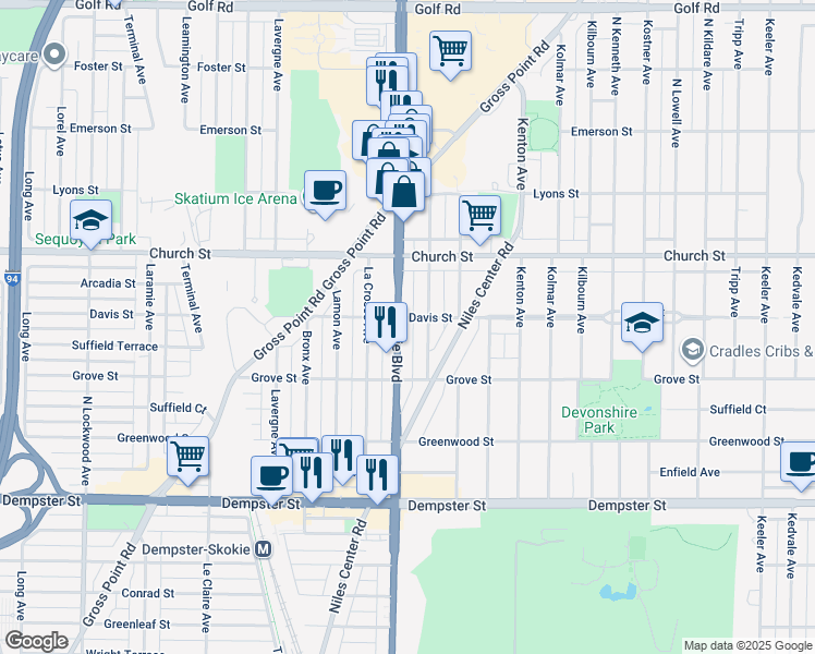 map of restaurants, bars, coffee shops, grocery stores, and more near 9110 Skokie Boulevard in Skokie