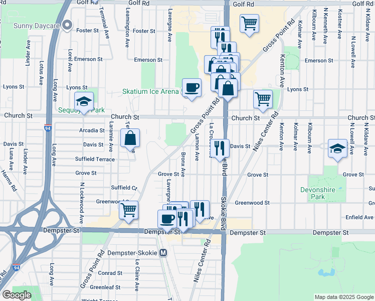 map of restaurants, bars, coffee shops, grocery stores, and more near 9117 Gross Point Road in Skokie