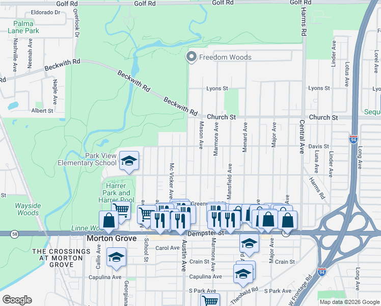 map of restaurants, bars, coffee shops, grocery stores, and more near 9104 Mason Avenue in Morton Grove