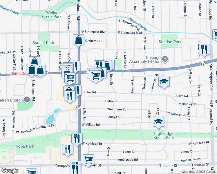 map of restaurants, bars, coffee shops, grocery stores, and more near 290 Beau Drive in Des Plaines