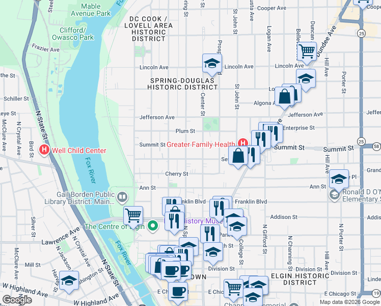 map of restaurants, bars, coffee shops, grocery stores, and more near 190 Summit Street in Elgin