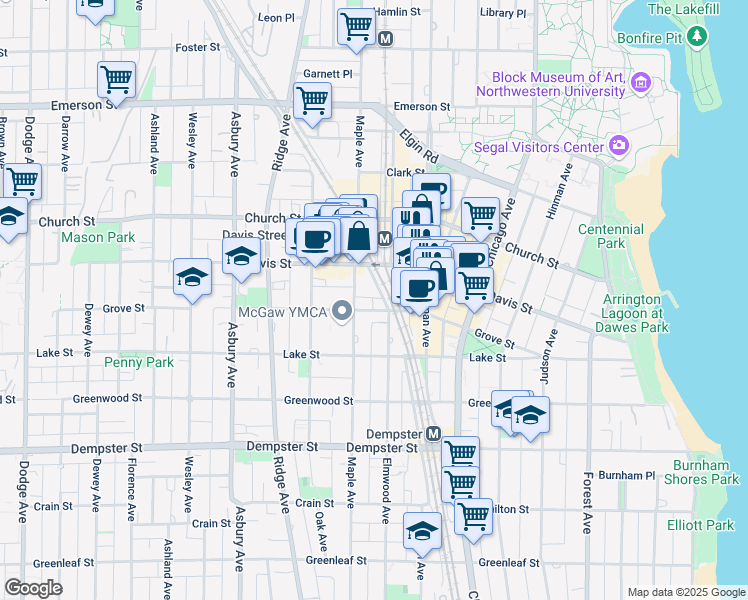 map of restaurants, bars, coffee shops, grocery stores, and more near 1570 Elmwood Avenue in Evanston