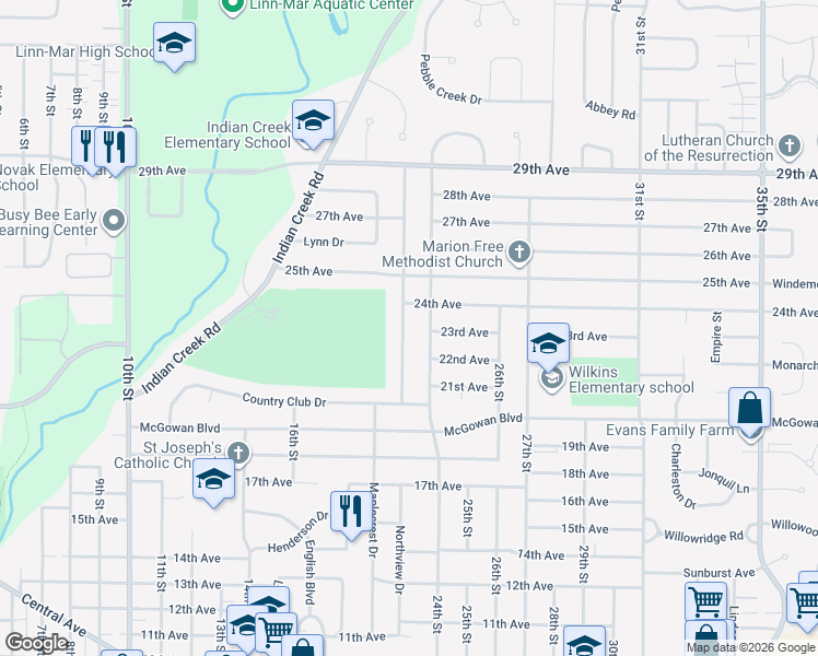 map of restaurants, bars, coffee shops, grocery stores, and more near 2315 Northview Drive in Marion