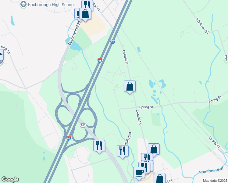 map of restaurants, bars, coffee shops, grocery stores, and more near 500 Foxborough Boulevard in Foxborough