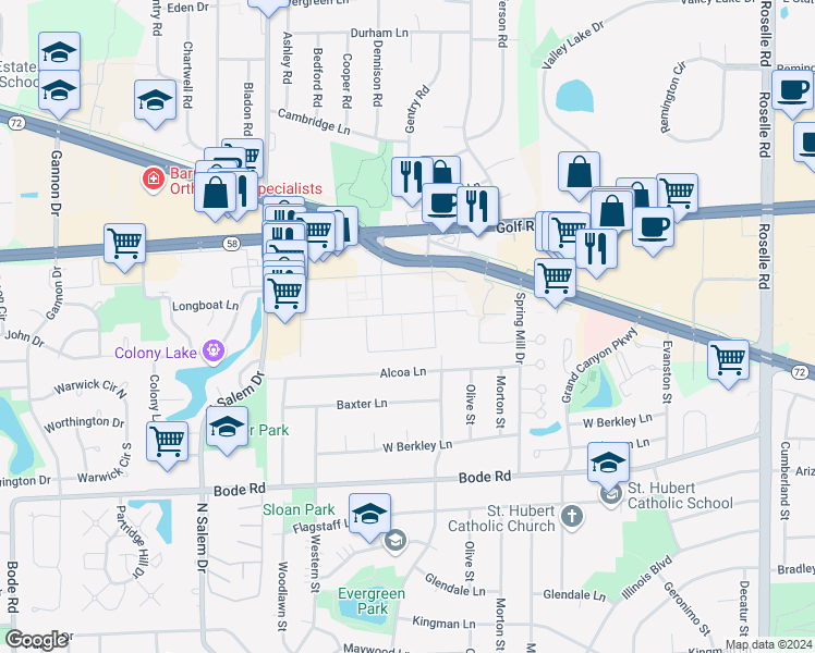 map of restaurants, bars, coffee shops, grocery stores, and more near 575 Hill Drive in Hoffman Estates