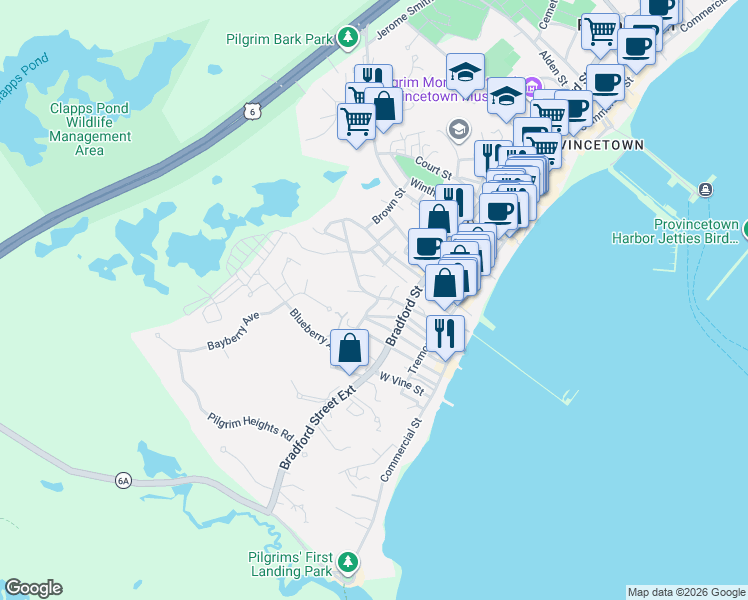 map of restaurants, bars, coffee shops, grocery stores, and more near 39 West Franklin Street in Provincetown