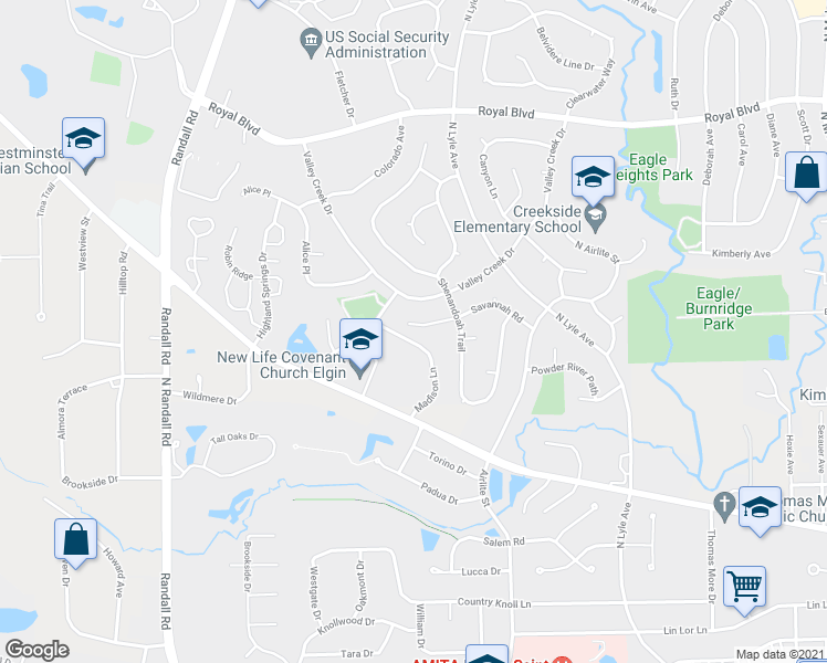 map of restaurants, bars, coffee shops, grocery stores, and more near 2199 Savannah Road in Elgin