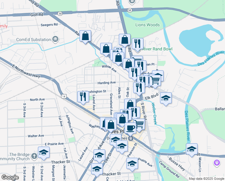 map of restaurants, bars, coffee shops, grocery stores, and more near 395 Graceland Avenue in Des Plaines