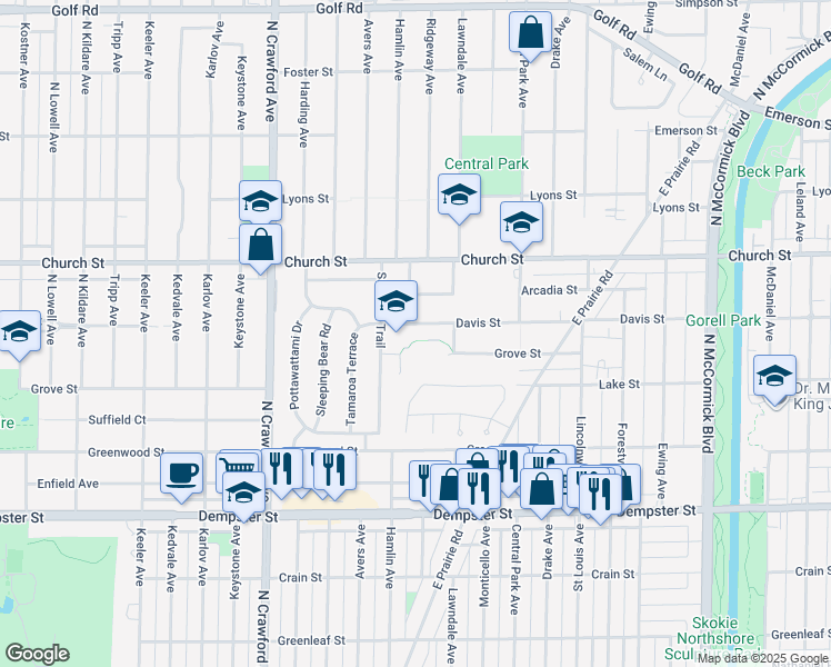 map of restaurants, bars, coffee shops, grocery stores, and more near 3701 Davis Street in Skokie
