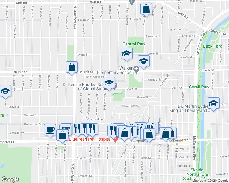 map of restaurants, bars, coffee shops, grocery stores, and more near 3701 Davis Street in Skokie