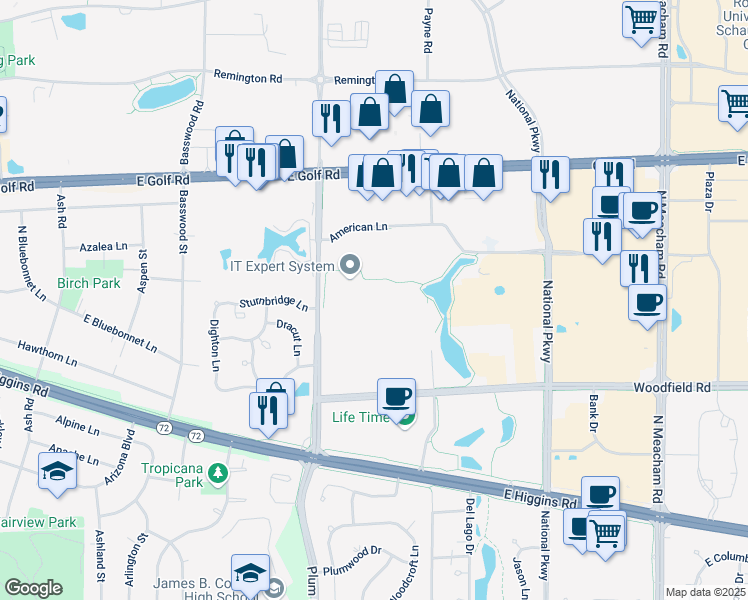 map of restaurants, bars, coffee shops, grocery stores, and more near 939 North Plum Grove Road in Schaumburg