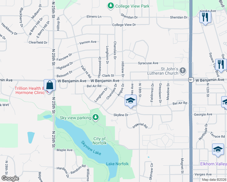 map of restaurants, bars, coffee shops, grocery stores, and more near 1200 Charolais Drive in Norfolk