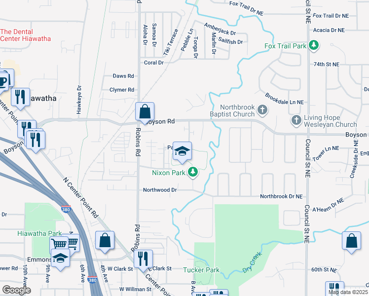 map of restaurants, bars, coffee shops, grocery stores, and more near 200 Nixon Drive in Hiawatha