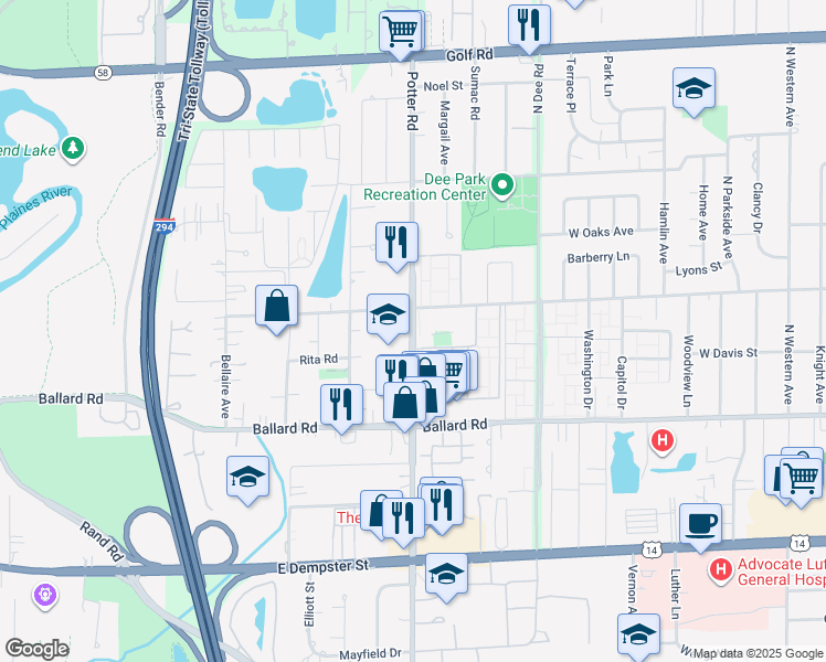 map of restaurants, bars, coffee shops, grocery stores, and more near Potter Road in Des Plaines