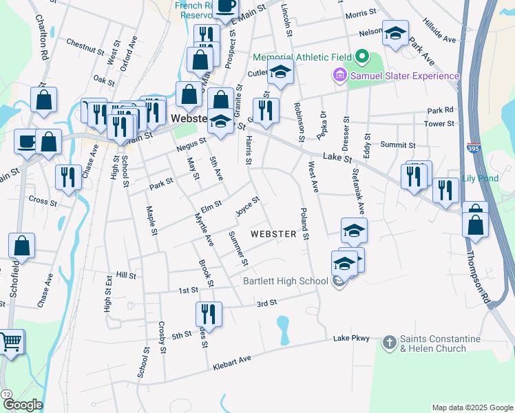map of restaurants, bars, coffee shops, grocery stores, and more near 35 Harris Street in Webster