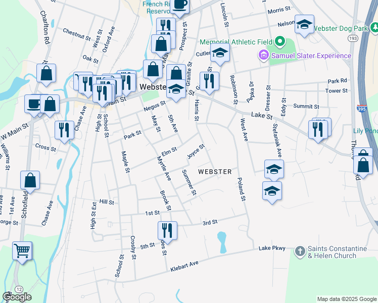 map of restaurants, bars, coffee shops, grocery stores, and more near 49 Elm Street in Webster