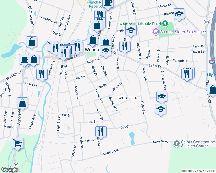 map of restaurants, bars, coffee shops, grocery stores, and more near 40 Elm Street in Webster