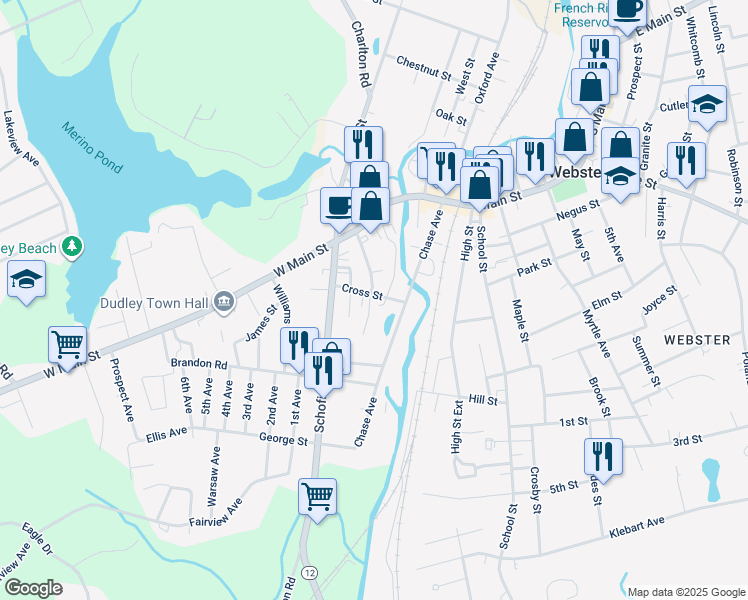 map of restaurants, bars, coffee shops, grocery stores, and more near 22 Central Avenue in Dudley