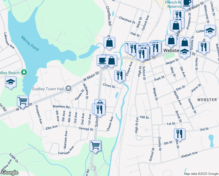 map of restaurants, bars, coffee shops, grocery stores, and more near 22 Central Avenue in Dudley