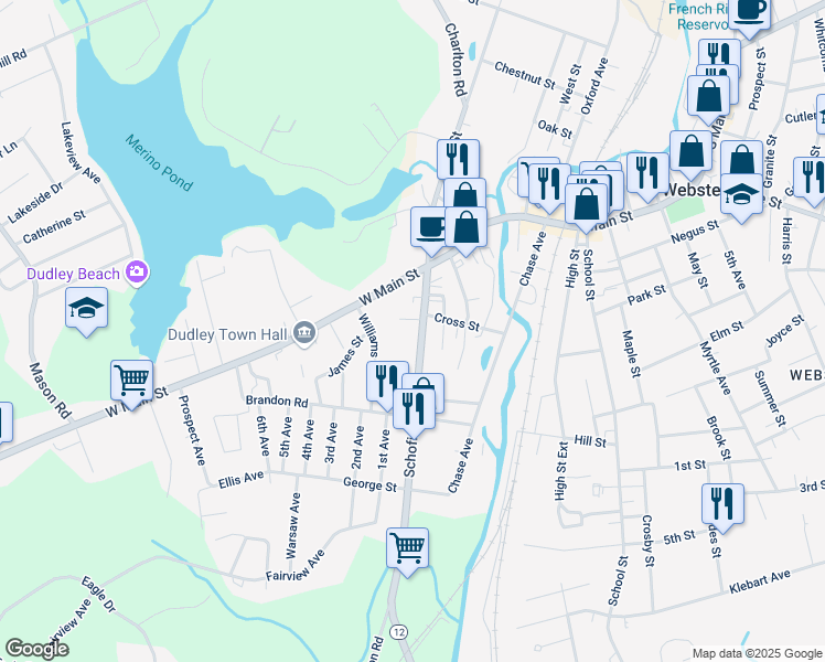 map of restaurants, bars, coffee shops, grocery stores, and more near 9 Schofield Avenue in Dudley