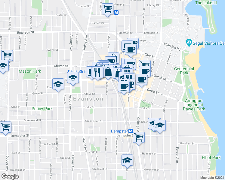map of restaurants, bars, coffee shops, grocery stores, and more near 1570 Elmwood Avenue in Evanston