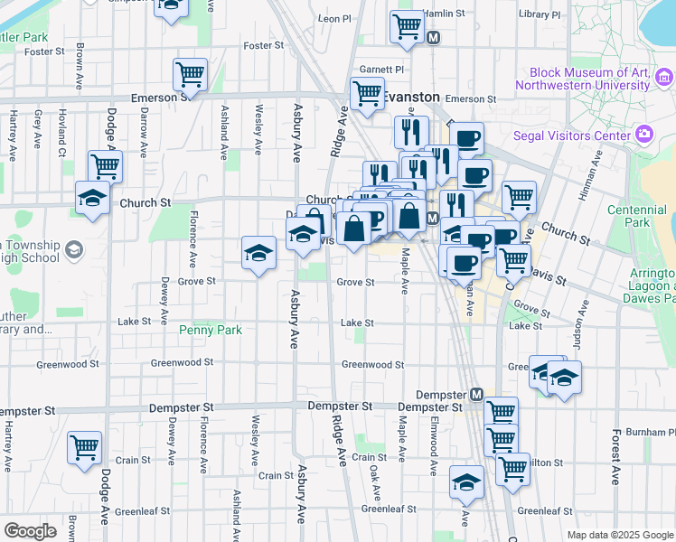 map of restaurants, bars, coffee shops, grocery stores, and more near 1567 Ridge Avenue in Evanston