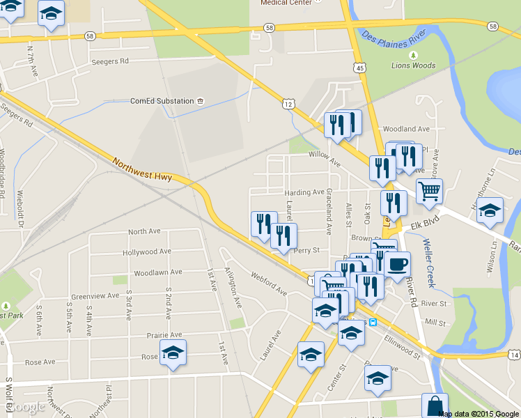 map of restaurants, bars, coffee shops, grocery stores, and more near 361 Western Avenue in Des Plaines
