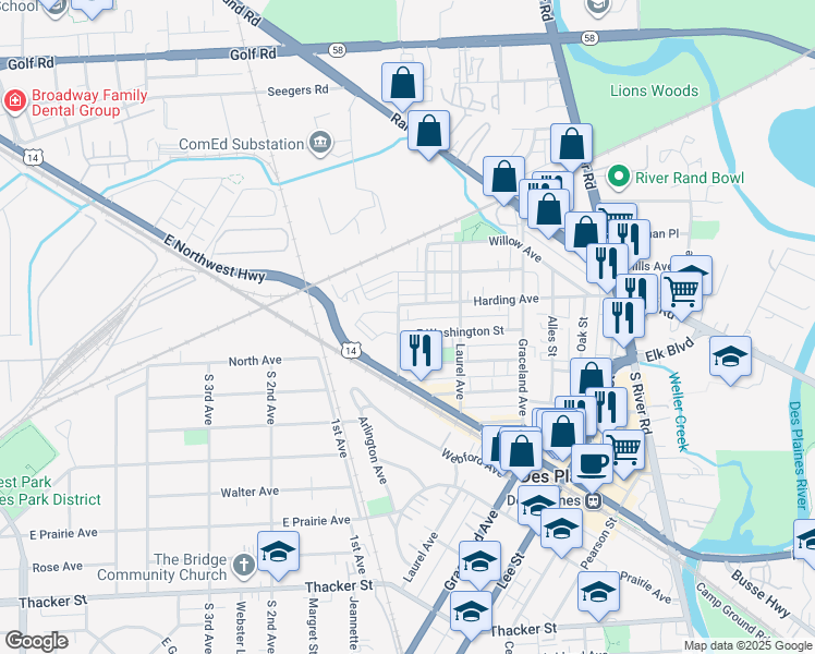 map of restaurants, bars, coffee shops, grocery stores, and more near 361 Western Avenue in Des Plaines