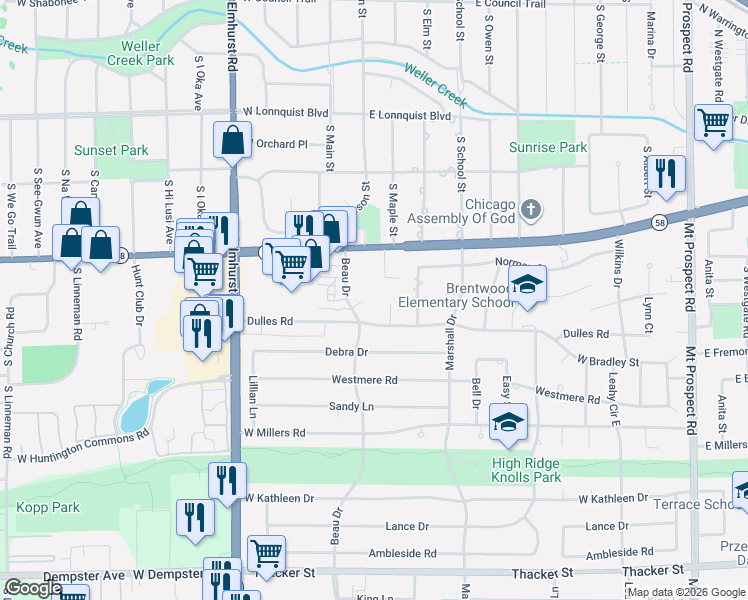 map of restaurants, bars, coffee shops, grocery stores, and more near 260 Shannon Court in Des Plaines