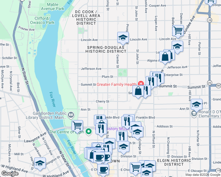 map of restaurants, bars, coffee shops, grocery stores, and more near 190 Summit Street in Elgin
