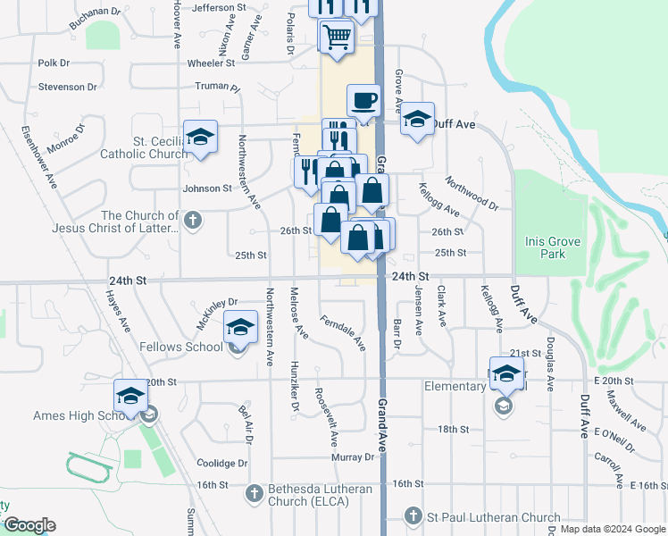 map of restaurants, bars, coffee shops, grocery stores, and more near 2423 Grand Avenue in Ames