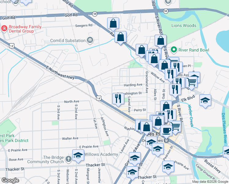 map of restaurants, bars, coffee shops, grocery stores, and more near 1210 Washington Street in Des Plaines