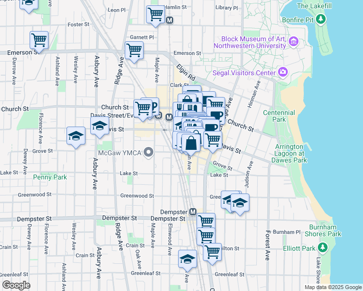 map of restaurants, bars, coffee shops, grocery stores, and more near 1560 Sherman Avenue in Evanston