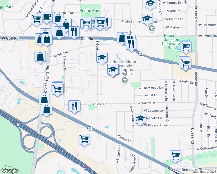 map of restaurants, bars, coffee shops, grocery stores, and more near 2121 South Goebbert Road in Arlington Heights