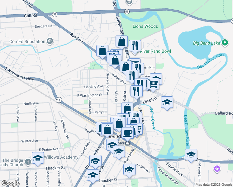 map of restaurants, bars, coffee shops, grocery stores, and more near 397 Alles Avenue in Des Plaines