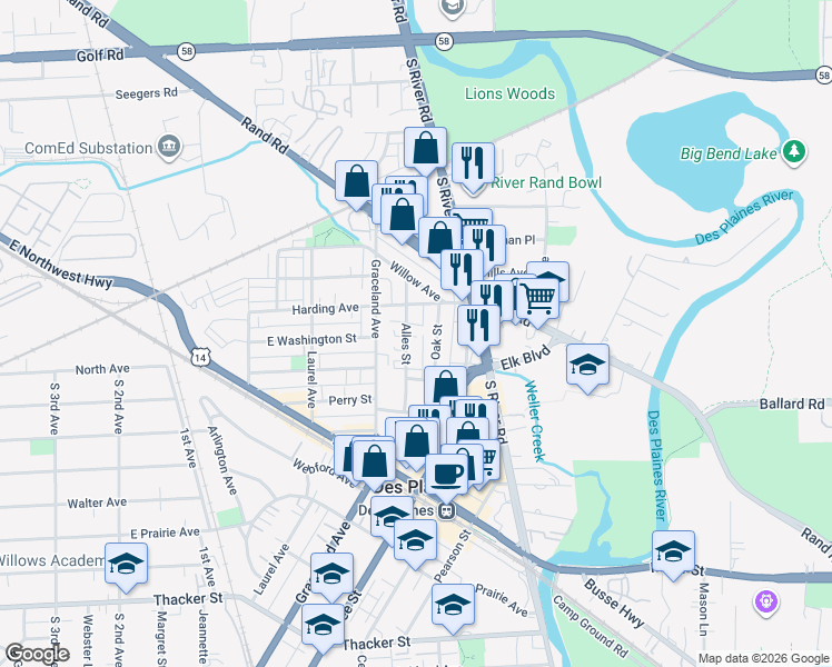 map of restaurants, bars, coffee shops, grocery stores, and more near 367 Alles Street in Des Plaines
