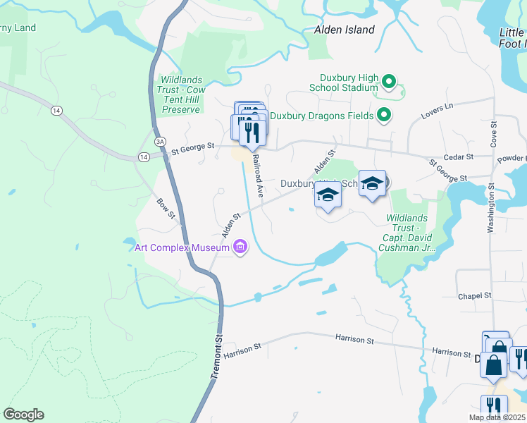 map of restaurants, bars, coffee shops, grocery stores, and more near 7 Railroad Avenue in Duxbury