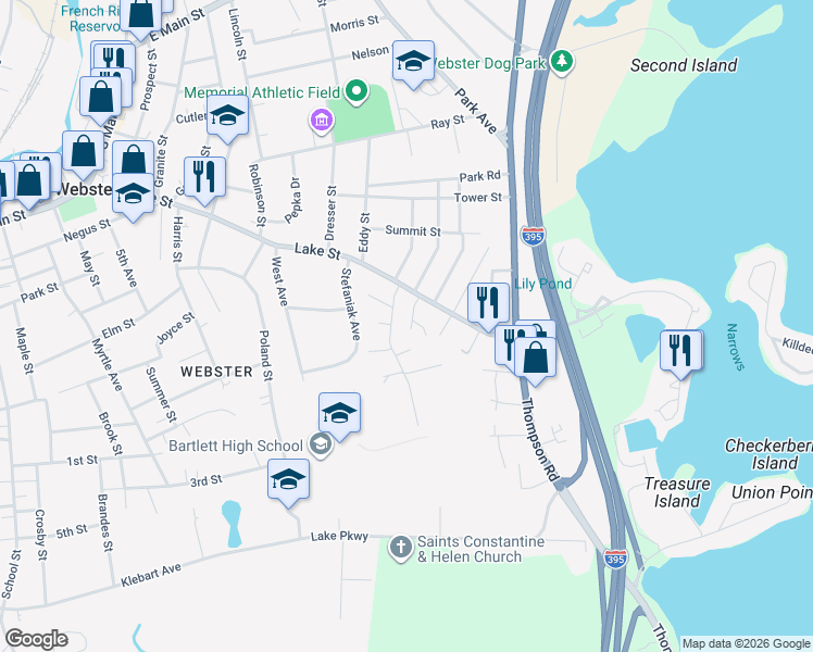 map of restaurants, bars, coffee shops, grocery stores, and more near 10 Eastern Avenue in Webster