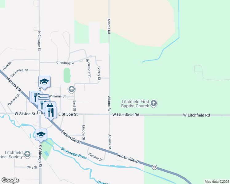 map of restaurants, bars, coffee shops, grocery stores, and more near 10271 Adams Road in Litchfield
