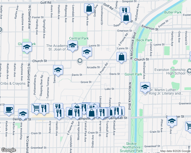 map of restaurants, bars, coffee shops, grocery stores, and more near 3528 Davis Street in Evanston