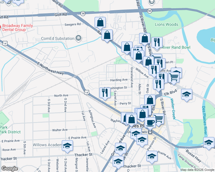 map of restaurants, bars, coffee shops, grocery stores, and more near 1279 Harding Avenue in Des Plaines