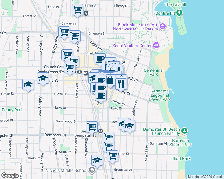 map of restaurants, bars, coffee shops, grocery stores, and more near 600 Davis Street in Evanston