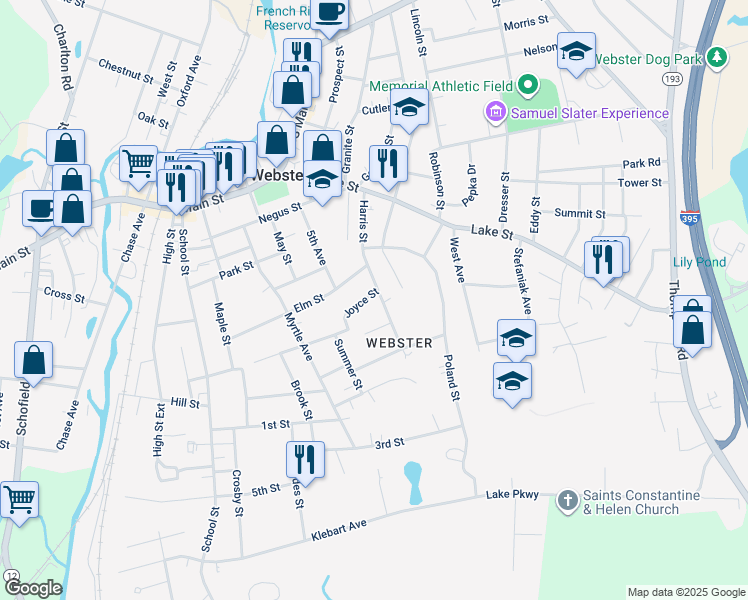 map of restaurants, bars, coffee shops, grocery stores, and more near 35 Harris Street in Webster